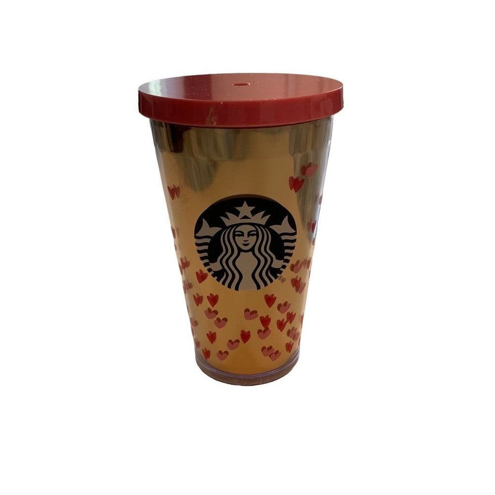 Starbucks 2017 Cold Drink Tumber Valentines‎ Day 16 oz BPA Free Tiny Hearts Gold